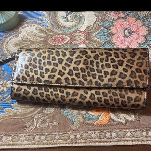 Leopard snap closure clutch wristlet with strap